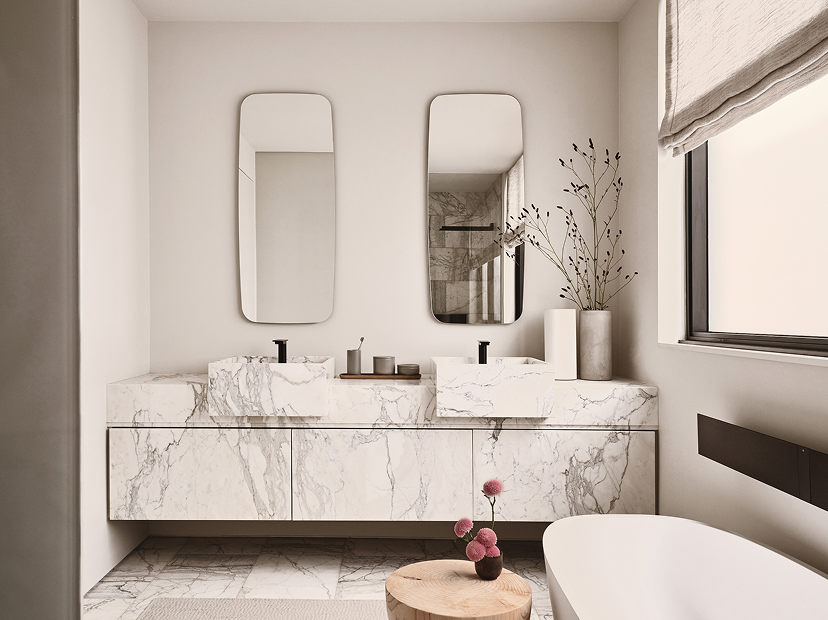 Contemporary bathroom with double vanity and neutral color palette