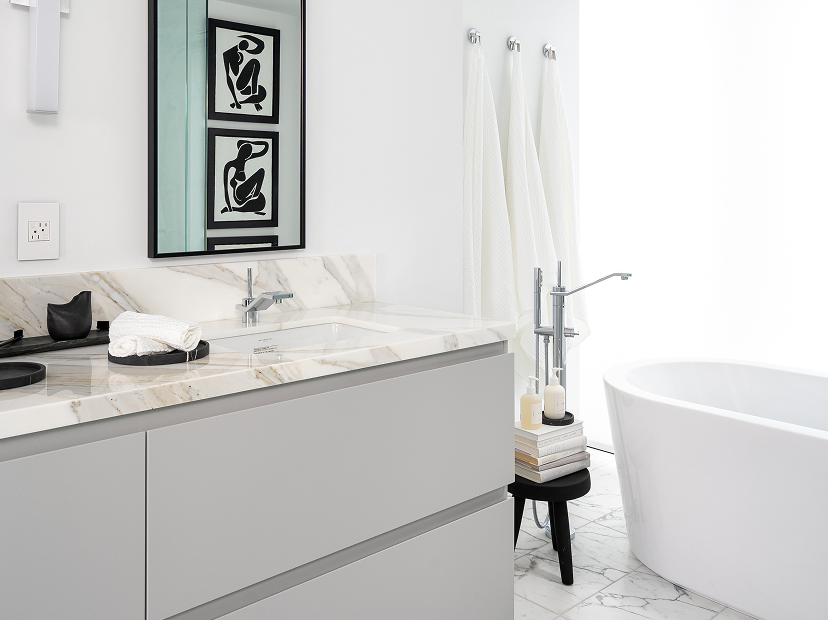 Modern bathroom vanity with clean lines and neutral tones